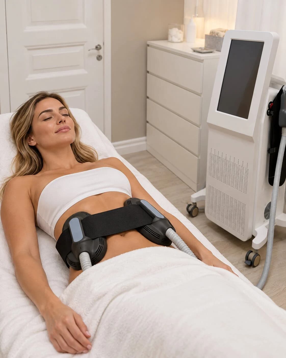 EMsculpt med applikator på magen i Avat Clinics behandlingsrum