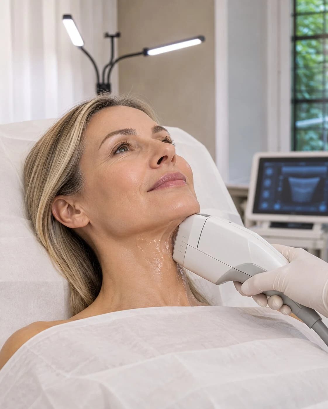 HIFU 2.5D-behandling på halsen, med apparatens skärm i bakgrunden. AI-genererad bild