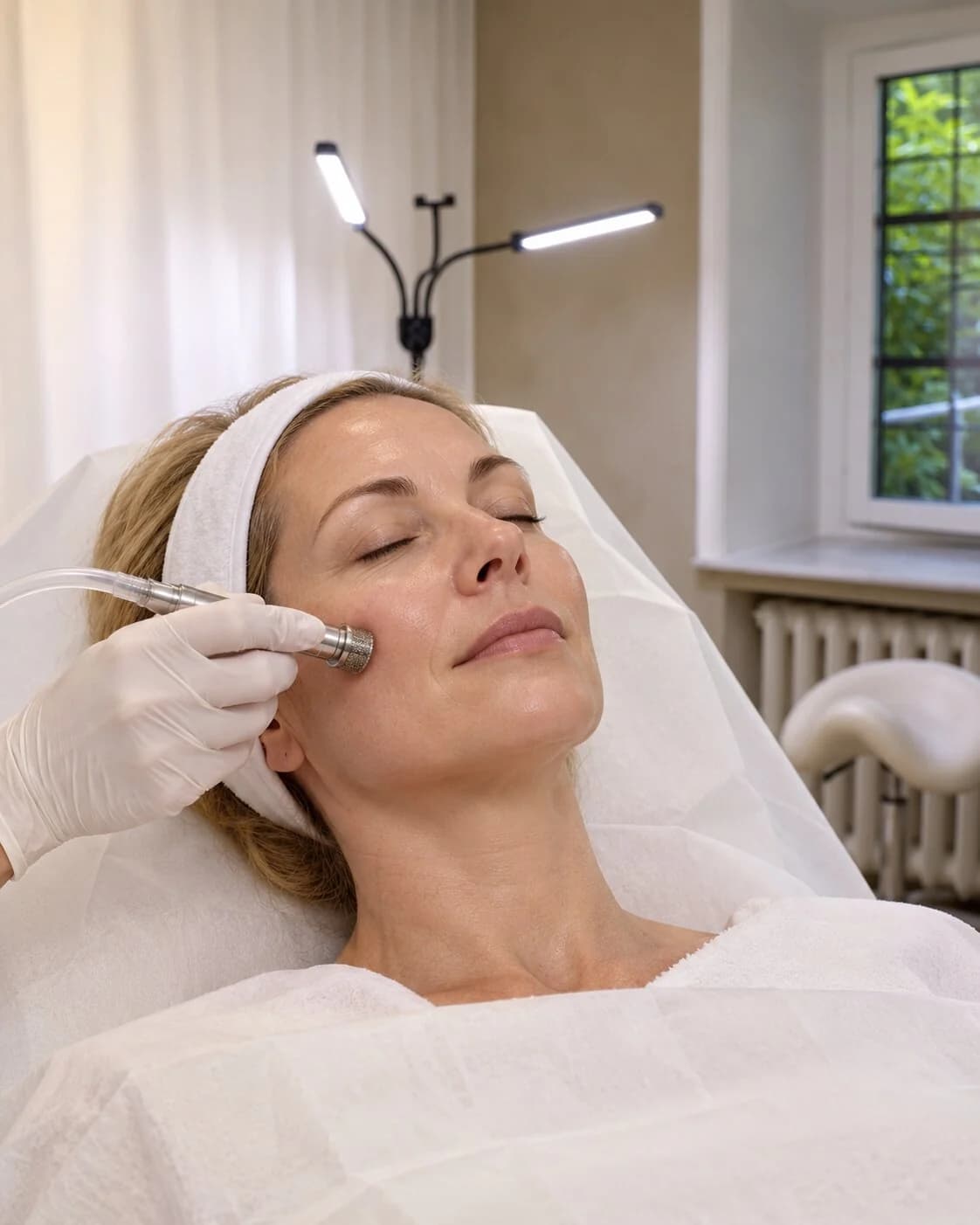 Microdermabrasion med handstycke på kinden
