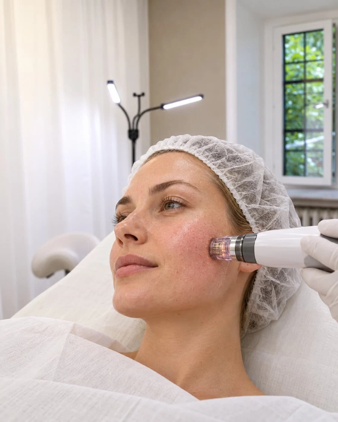 RF microneedling på kinden, med behandlingsstol och fönster i bakgrunden