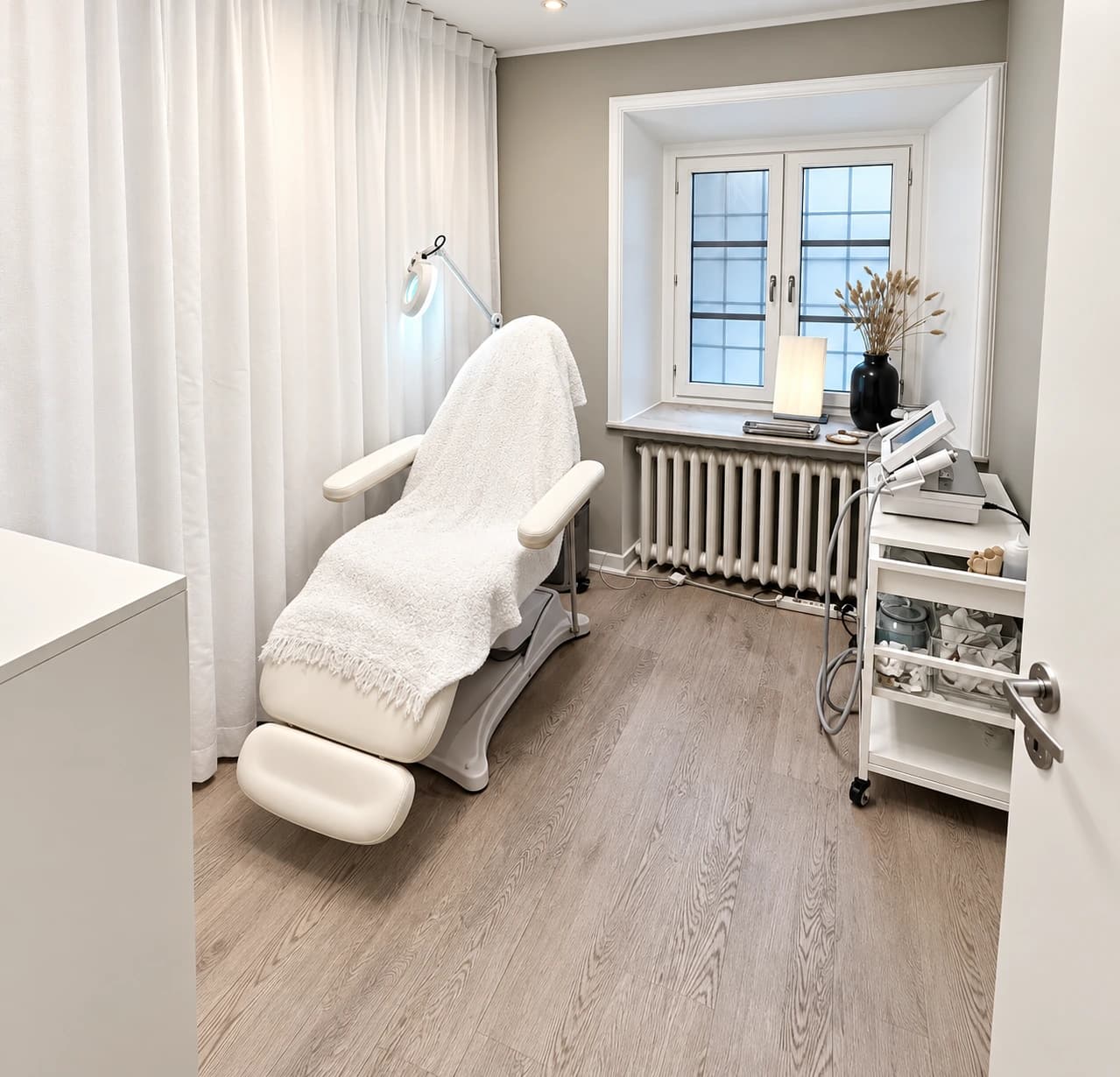 Behandlingsrum hos Avat Clinic med dagsljus från fönstret, behandlingsstol och instrumentvagn