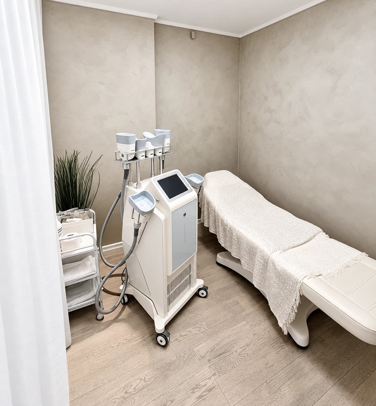 Behandlingsrum hos Avat Clinic med behandlingsapparat och uppbäddad brits