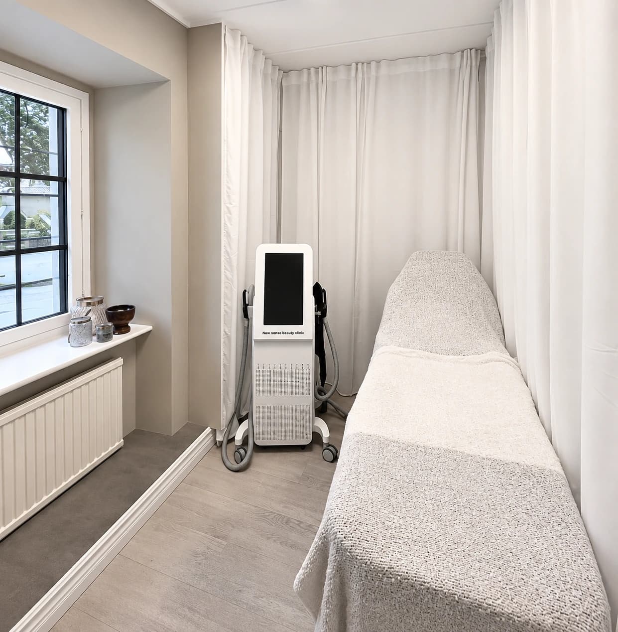Behandlingsrum hos Avat Clinic med apparat, brits och fönster mot gatan